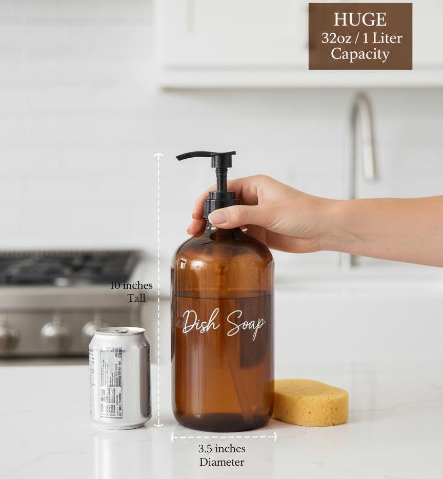 32 Ounce Glass Shampoo and Conditioner Dispenser Bottle with Pump, Shower - 1 Liter Body Wash Dispenser for Shower & Laundry Detergent Dispenser- by Kitchentoolz - Set of 2