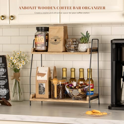 ANBOXIT Countertop Coffee Station Organizer, 2 Tier Wooden Shelf | for Coffee Bar Accessories, Condiment Storage Caddy for Kitchen, Home, Office - Brown