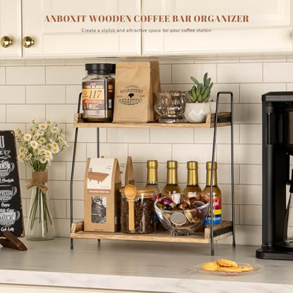 ANBOXIT Countertop Coffee Station Organizer, 2 Tier Wooden Shelf | for Coffee Bar Accessories, Condiment Storage Caddy for Kitchen, Home, Office - Brown
