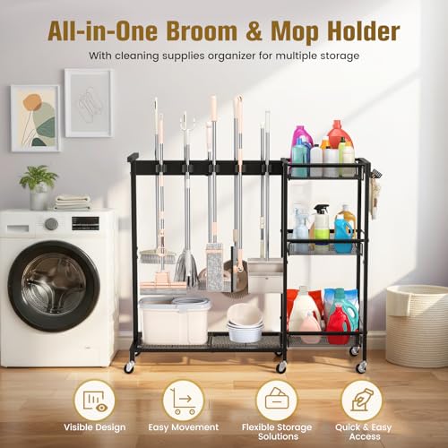 Broom Holder with Cleaning Supplies Organizer, Cleaning Utility Cart on Wheels, 10 Clips & 7 Hooks, 3-Tier Shelves, Broom Closet Storage Cabinet with Cleaning Caddy for Home Commercial Use