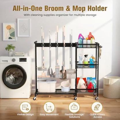 Broom Holder with Cleaning Supplies Organizer, Cleaning Utility Cart on Wheels, 10 Clips & 7 Hooks, 3-Tier Shelves, Broom Closet Storage Cabinet with Cleaning Caddy for Home Commercial Use