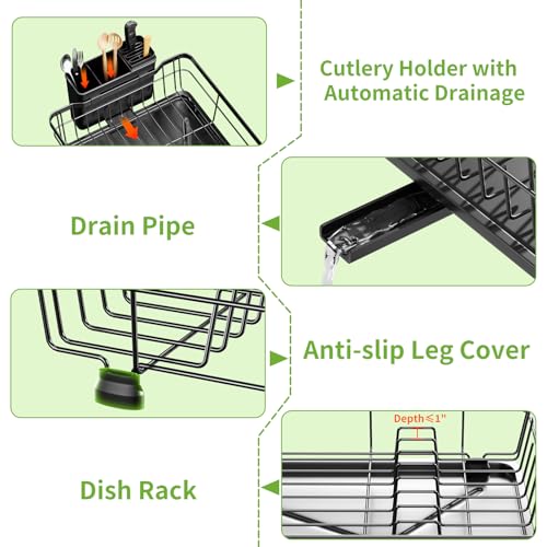 Small Dish Drying Rack, Space Saving Dish Racks for Kitchen Counter, Kitchen Organizer Dish Drainer with Cutlery Holder for Spoons and Forks, 11''W x 15''L, Black