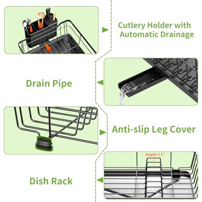 Small Dish Drying Rack, Space Saving Dish Racks for Kitchen Counter, Kitchen Organizer Dish Drainer with Cutlery Holder for Spoons and Forks, 11''W x 15''L, Black