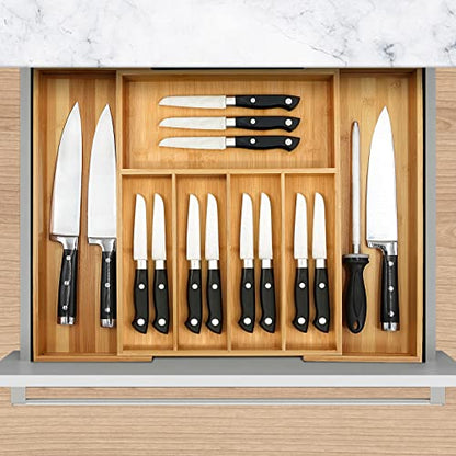 VaeFae Bamboo Drawer Organizer, Large, Natural | Expandable Silverware Organizer, Kitchen Utensil Storage, Wooden Cutlery Tray with Dividers, Fork and Spoon Holder