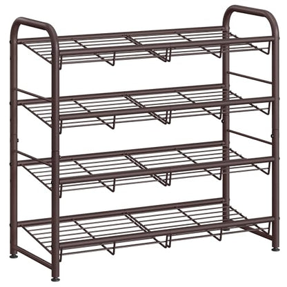 SONGMICS Stackable Shoe Rack, 4 Tier Metal Shoes Rack Storage Shelf, Holds up to 16 Pairs Shoes, Adjustable Slanted Shelves Tower Organizer for Closet Entryway Small Spaces, Bronze