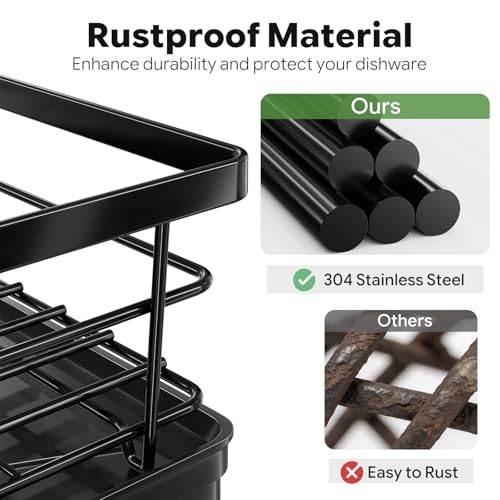 Simple Trending Dish Drying Rack, 12''W x 16''L, Black | Dish Rack for Kitchen Counter, Stainless Steel Dish Drainer, Cutlery Holder, Drainboard, Space-Saving, Easy Installation