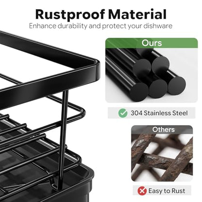Simple Trending Dish Drying Rack, 12''W x 16''L, Black | Dish Rack for Kitchen Counter, Stainless Steel Dish Drainer, Cutlery Holder, Drainboard, Space-Saving, Easy Installation
