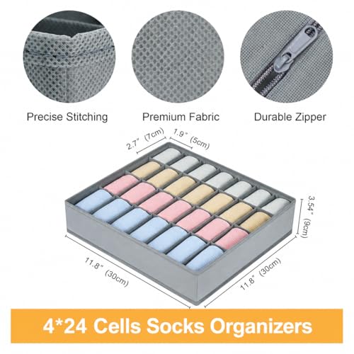 Sock Organizer 4 Pack, 24 Cell Underwear Organizer Foldable Underwear Storage, Sock and Underwear Drawer Organizer for Socks Ties Underwear Belts. (Grey)