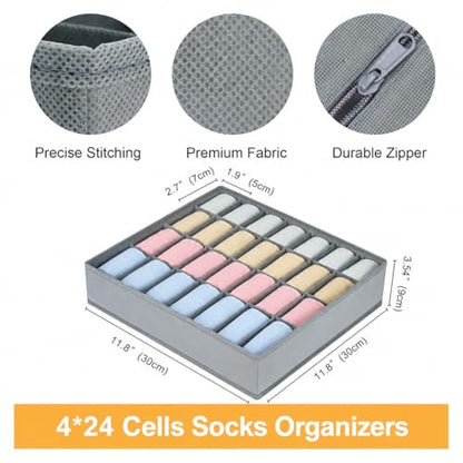 Sock Organizer 4 Pack, 24 Cell Underwear Organizer Foldable Underwear Storage, Sock and Underwear Drawer Organizer for Socks Ties Underwear Belts. (Grey)
