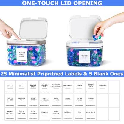 94oz/2.8L Laundry Pods Container for Room Organization, Pod Up Holder With 30 Labels and Scoop, Detergent Powder Container, Dryer Sheet Holder, 150 Pods