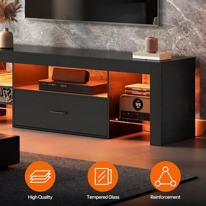 HOOBRO LED TV Stand with Power Outlets to 65 inch TV, Gaming Entertainment Center with Glass Shelves and Large Drawer, Modern Media TV Console Table for Living Room Bedroom, Black BB14UDDS01G1