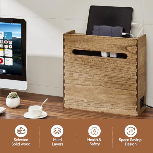 KIRIGEN Wooden WiFi Router Storage Box, 3-Tier Cable Organizer, Brown | Solid Wood 3-Tier Design Stores Routers, Modems, Power Strips, Adapters, and Cables for Desks, TV Stands, and Home Offices