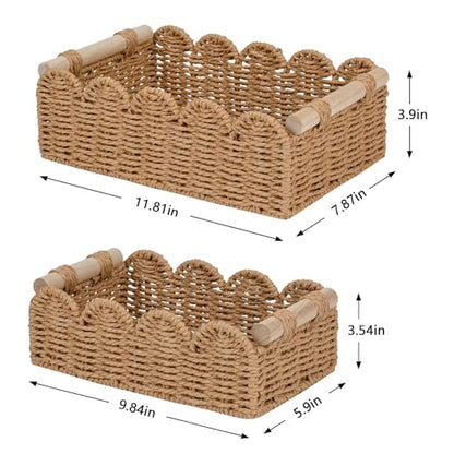 CubesLand Scalloped Toilet Paper Storage Basket for Over Toilet Shelves | Decorative Wicker Organizer Basket Perfect for Home Countertop Storage, Small Basket, Living Room Shelf Decor, Neutral