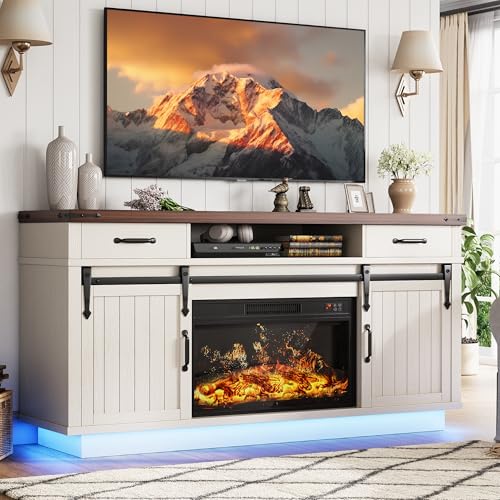 Jocoevol 58" Farmhouse Electric Fireplace TV Stand for TVs up to 65", Entertainment Center with 2 Large Storage Drawers, Sliding Barn Doors, Adjustable Shelves, TV Console for Living Room - White