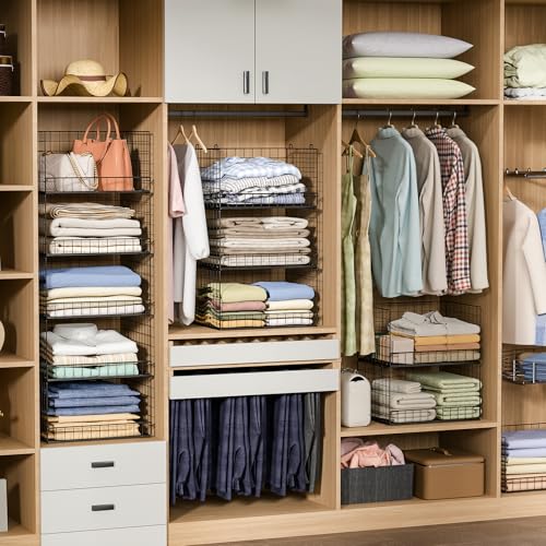 5-Tier Stackable Closet Organizers and Storage Shelves, Closet Shelf Organizer Basket Bins, Foldable Sweater Storage for Closet Organizer System, Black(Patent 30022416)