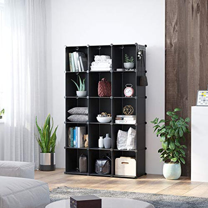 C&AHOME 16 Cube Storage Organizer Cube Shelves Units Storage Cubes, Black | Plastic DIY Closet Organizer, Stackble Modular Closet Storage Shelves Ideal for Home, Bedroom, 48.4" L × 12.4" W × 48.4" H