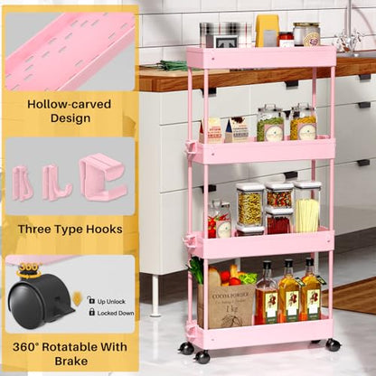 SPACEKEEPER Slim Rolling Storage Cart, 4 Tier Bathroom Cart Organizer, Pink | Narrow Rolling Cart with Wheels for Kitchen Office Bathroom Laundry Room,Mobile Utility Cart for Craft Art Makeup Nail Polish