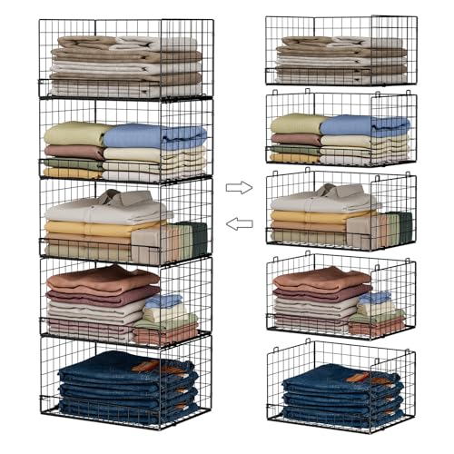 Yociyoga 5-Tier Stackable Closet Organizers and Storage Shelves, Closet Shelf Organizer Basket Bins, Foldable Sweater Storage for Closet Organizer System, Black(Patent 30022416)