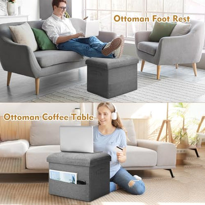 Storage Ottoman with Extra Thick Foam Padded Seat, Foldable Foot Rest Stool with Linen Fabric, 43L Ottoman with Storage Bench for Bedroom Living Room, Holds Up to 300lbs, 17x13x13in, Dark Gray