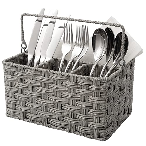 Wicker Utensil Caddy - Picnic Basket with Handle,... (Gray | Plastic)
