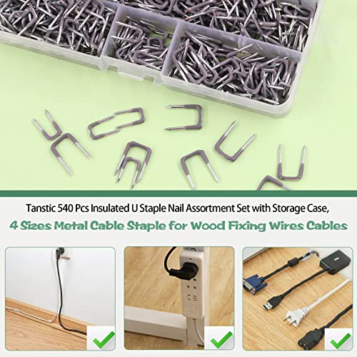 Keadic 540Pcs Insulated U Staple Nail Assorted Size Set, 0.56", 0.44“, 0.41", 0.36" Electrical Cable Staples Metal Cable Clip with Plastic Staple Wire Holder for Fixing Wires Cables