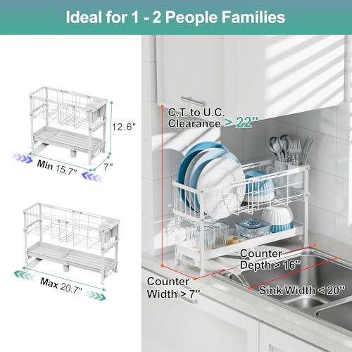 Narrow 2 Tier Dish Drying Rack - Expandable for Small Kitchens & RVs | Compact 7 in Deep, Expands 15.7-20.7 in, 360° Rotating Drain Spout, Removable Utensil Holder, Ideal for 1-2 People, White