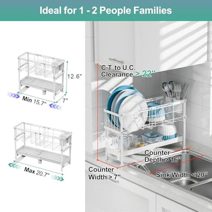 Narrow 2 Tier Dish Drying Rack - Expandable for Small Kitchens & RVs | Compact 7 in Deep, Expands 15.7-20.7 in, 360° Rotating Drain Spout, Removable Utensil Holder, Ideal for 1-2 People, White