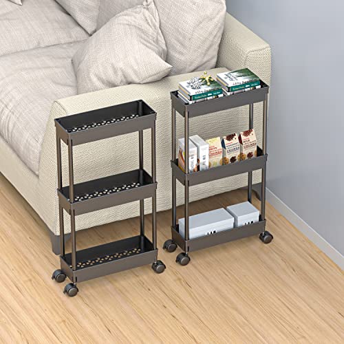 Sooyee 3 Tier Rolling Cart with Wheels, Black | Slim Storage Cart, Narrow Storage Cabinet, Under Desk Storage, For Office Bathroom Kitchen Laundry Room