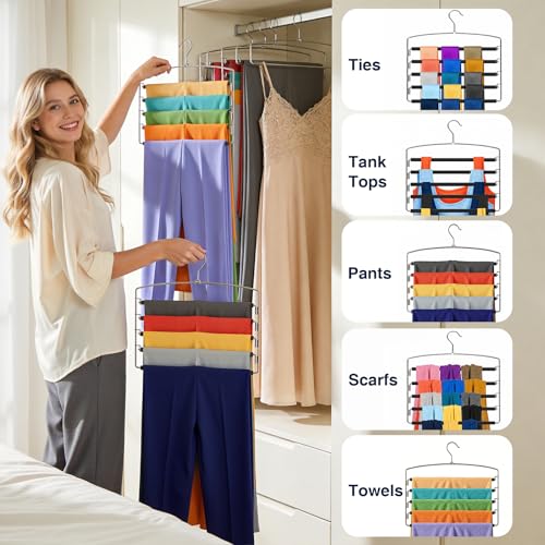Korpai 3-Pack Pants Hangers Space-Saving Multi-Layer,150° Rotate Metal Swing Arm Non Slip Foam Padded,Closet Organizers and Storage 360 Swivel Top Hook for Jeans,Trouser,Slacks,Skirt,Scarfs,Towels ect