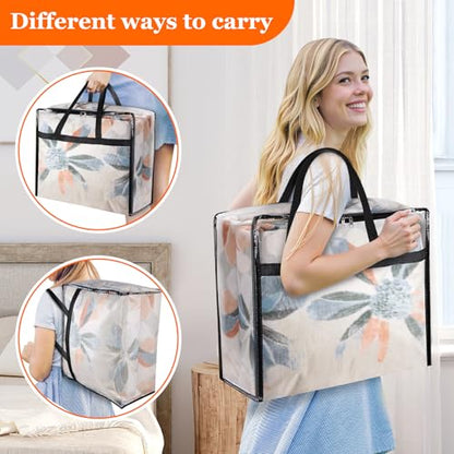 6 Pack Clear Storage Bags for Comforter, Clothes & Bedding, 40L | Plastic Blanket Storage with Zipper & Handle, Foldable Moving Bags, Closet Organizer and Under-Bed Storage Containers