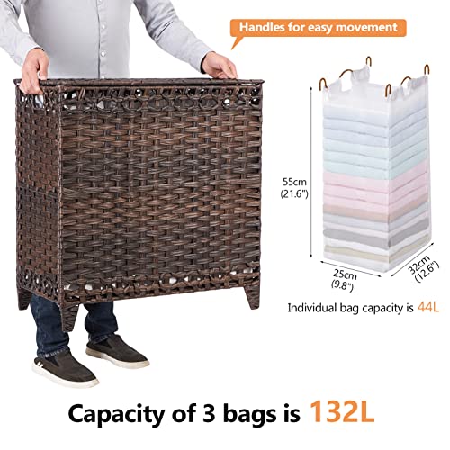 Laundry Hamper with 3 Removable Liner Bags, 132L Laundry Sorter with Lid | Raised Feet; Side Carry Handles; Handwoven PP Rattan; Rust-Resistant Iron Frame; Decorative Woven Design
