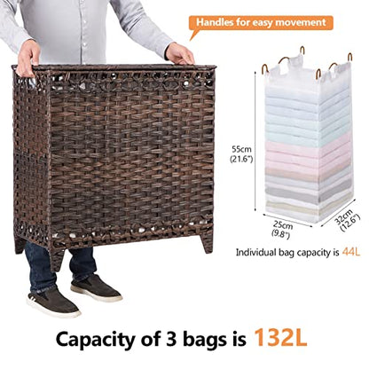 Laundry Hamper with 3 Removable Liner Bags, 132L Laundry Sorter with Lid | Raised Feet; Side Carry Handles; Handwoven PP Rattan; Rust-Resistant Iron Frame; Decorative Woven Design