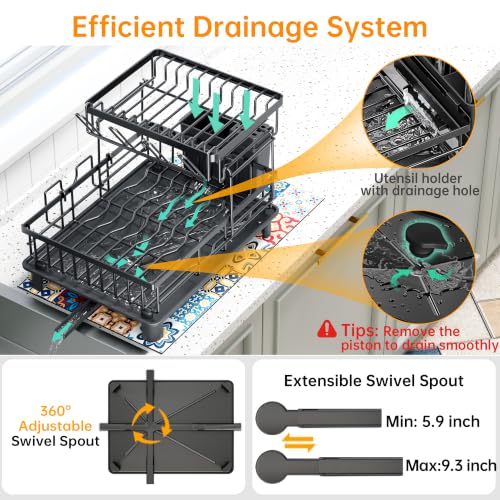 2 Tier Large Detachable Dish Drying Rack for Kitchen Counter,Black | Compact Drying Rack Kitchen, Rust-Resistant Dish Drainer Organizer, Space-Saving Dish Racks with Drainboard, Utensil Holder
