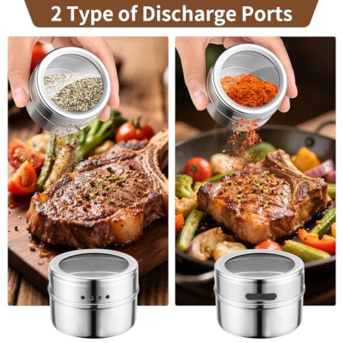 12pcs Stainless Steel Spice Jars, Magnetic Condiment Tins Magnetic Spice Jar With Clear Lid And Holes Sift&Pour - Easy To Clean