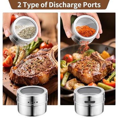 12pcs Stainless Steel Spice Jars, Magnetic Condiment Tins Magnetic Spice Jar With Clear Lid And Holes Sift&Pour - Easy To Clean