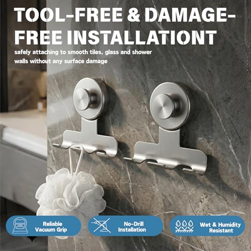 Suction Cup Razor Holder for Shower, Heavy-Duty 7KG Suction Hooks for Razor | WACXYBZ Towel, Loofah, Removable Damage-Free Metal Shower Hook, Shaver Holder, 2 Pack (Brushed Silver)