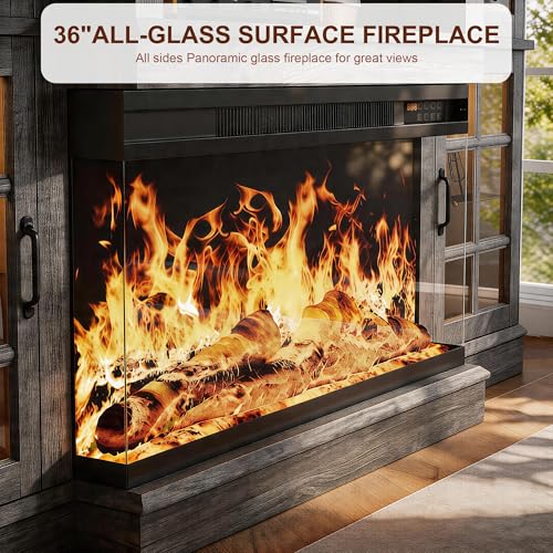 MXV 70" Fireplace TV Stand, 3-Sided Glass Fireplace and Modern Entertainment Center, Wooden Media Console with Glass Doors & Storage Drawers, LED Light, for Living Room, Grey