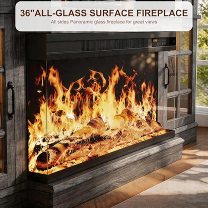 MXV 70" Fireplace TV Stand, 3-Sided Glass Fireplace and Modern Entertainment Center, Wooden Media Console with Glass Doors & Storage Drawers, LED Light, for Living Room, Grey