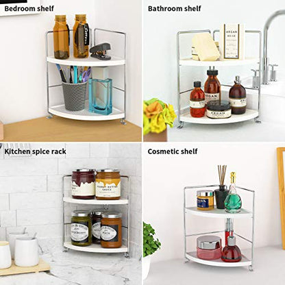 FSyueyun 2-Tier Corner Bathroom Counter Organizer, Vanity Tray, Silver | Plastic Bathroom Organizer Countertop for Skincare, Perfume, Makeup, Tool-Free Assembly, Small Bathroom Corner Tray Shelf