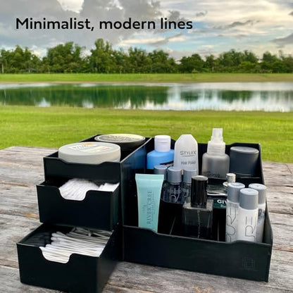 Large Black Vanity Organizer - Countertop Mens Organizer With Drawers for Cologne, Deodorant, Beard, Shaving Lotion, Perfume & Skincare - Perfect for Bathroom & Bedroom Storage