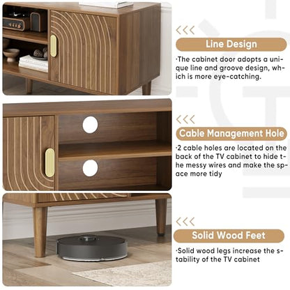 Smuxee Walnut TV Stand with Line Groove Design, 47.2" Mid Century Modern TV Media Console for TVs up to 55", TV Cabinet with Adjustable Shelf & 2 Cabinets for Living Room