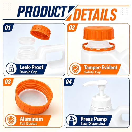 METAPACK 2 Pack 1 Gallon Jug with Pump, HDPE Plastic Laundry Detergent Container, Empty Square Jug for Liquid Soap, Oil, Sauces, Beverage, 4 Labels Included (Translucent)