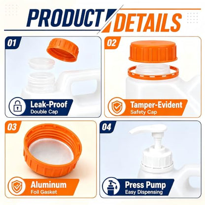 METAPACK 2 Pack 1 Gallon Jug with Pump, HDPE Plastic Laundry Detergent Container, Empty Square Jug for Liquid Soap, Oil, Sauces, Beverage, 4 Labels Included (Translucent)
