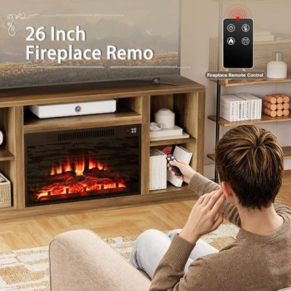 YESHOMY Electric Fireplace TV Stand for Televisions up to 65+ Inch, Mid Century Modern Media Entertainment Center Console Table with Four Open Storage Shelves & Cabinets, 58 Inch, Yelloe Barnwood