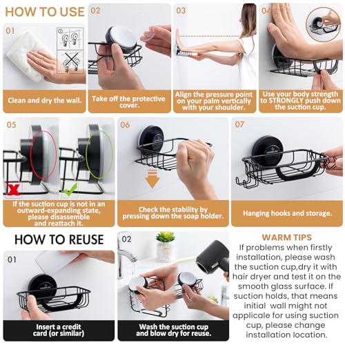 Bar Soap Holder for Shower with Hooks, Suction Cup Soap Dish Rustproof Stainless Steel for Bathroom Accessories, Sponge Saver Black