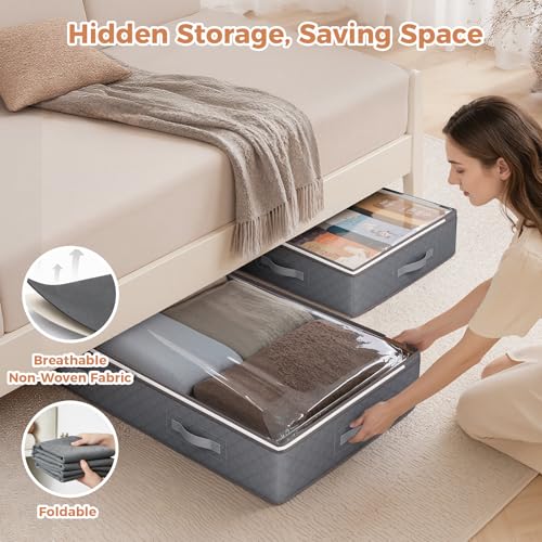 90L Under Bed Storage Containers, 4 Pack Closet Organizers Grey | Foldable underbed storage bins for linen sheets, blanket, clothing, comforter, sweaters, pillows, wrapping paper