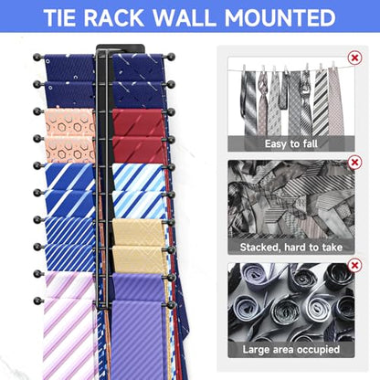 Tie Rack Wall Mounted, Tie Organizer for Men, Tie Rack Hanger for Closet Metal, Adhesive Tie Holder Organizer with 20 Hooks, Tie Storage for Wall Bedroom Living Room Dresser Room (Black)