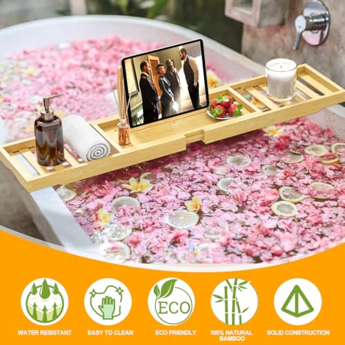 Bathtub Tray - Bath Tray Expandable - Bath Table Trays for Bathtub/Tub,Premium Bamboo Wooden, Fits Most Bath Tubs