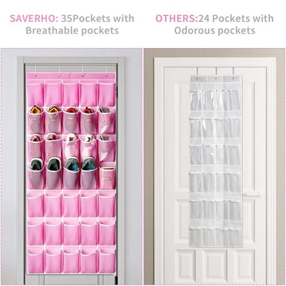 SAVERHO 35 Pockets Over the Door Shoe Organizer, Hanging Shoe Organizer for Door with 35 Mesh Pockets Large Capacity Shoe Hanging Storage Bag with 4 Metal Hooks (Pink-1Pack)