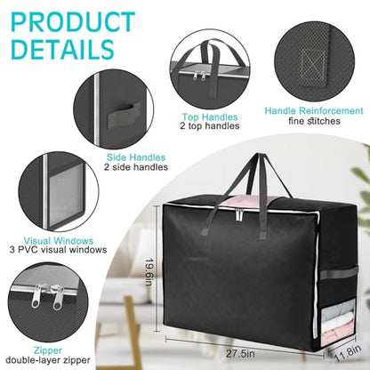 8 Pack 105L Extra Large Comforter Storage Bag, Foldable Bedding Storage Blanket Moving Bags for Clothes Pillows Sweater Dorm, Linen Closet Organizers with 4 Handles & 3 Clear Windows, Black